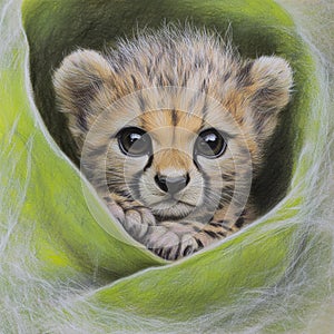 Cute little cheetah cub resting, animal, drawing photo