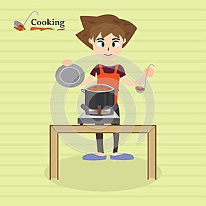 Little chef cooking at kitchen. anime,