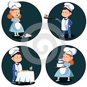 little chefs engaged in cooking and serving dishes