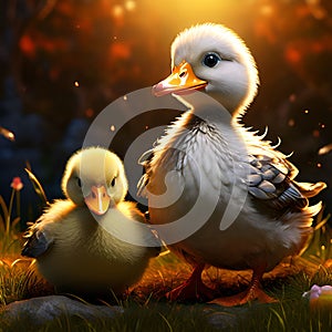 little chick and duckling walking together on the grass