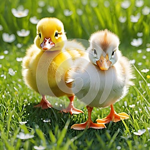 little chick and duckling walking together on the grass