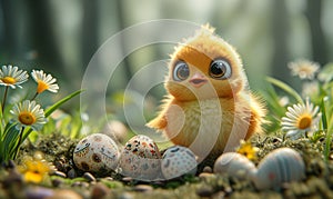 Little chicken on spring meadow with colorful easter eggs. Yellow bird on spring sunny field. Easter concept