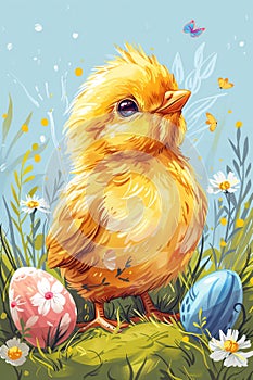 Little chicken on spring meadow with colorful easter eggs. Yellow bird on spring sunny field. Easter concept