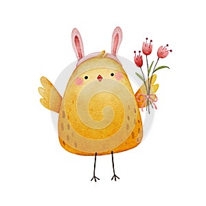 Little chicken wearing Easter bunny ears holding flowers