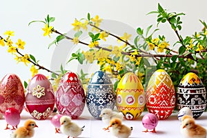 Little chickens walk among the colourful Easter eggs.