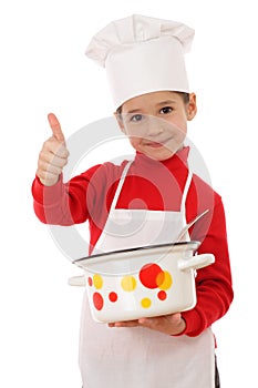 Little chief-cooker with thumbs up and pot