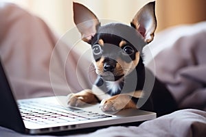 Little chihuahua dog sitting at laptop computer. Smart puppy using computer for online learning, training, shopping