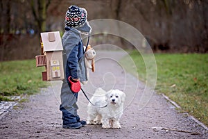 Little child, blond boy with pet dog, carying home on his back, kid, having paper house