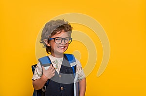 Little child boy with book and bag isolated on yellow paper wall. Happy smiling kid go back to school, kindergarten