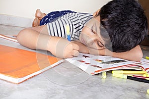 Child Boy coloring with sketch pen, Artistic Creative Kid Thinking