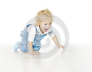 Little Child Boy Crawling, Baby Kid Isolated over White Background