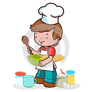 Little child chef with kitchen utensils. Vector Illustration