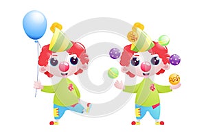 A little child clown character juggles and jokes and stands with a balloon at the bottom of the birthday