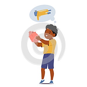 Little Child Gazes At A Piggy Bank, Holding It Tightly, Dreaming Of Buying A Cherished Toy Gun, Vector Illustration