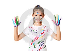 little child girl with hands painted in colorful paint