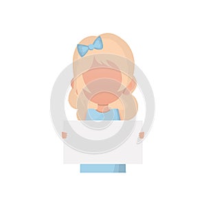 Little child girl holding a blank poster. Isolated. Flat style.