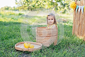 Little child girl with lemons at lemonade stand in park. Portrait of funny baby in basket with fruits