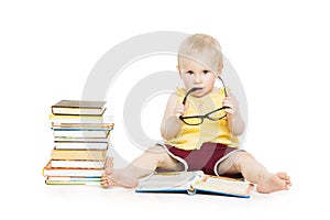 Little Child Girl Reading Book in Glasses, Small Kid Development