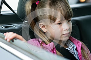 Little child girl sitting in a car on rear seat fastened with safety belt