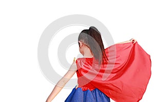 Little child girl Superhero on white background. Kid super hero concept. Rear view