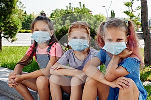Little child girls wearing mask for protect