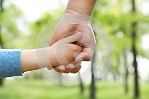 Little child holding hands with his father outdoors. Family time