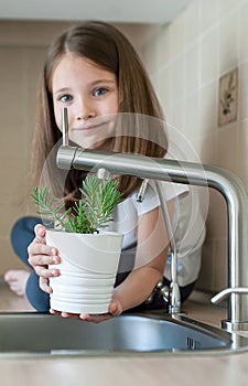 Little child holding a pot with Rosmarinus officinalis rosemary. Nurturing and watering young green plant. Save the world, World