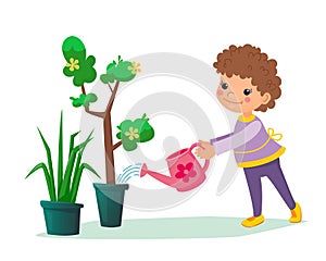 Little child holding a water can in his hands and watering tree with flowers in the pot. Boy or girl taking care about