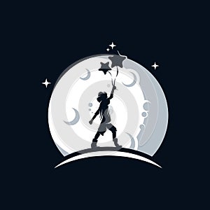 Little Child holds a balloons on the moon logo