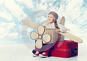 Little Child Playing Airplane Pilot, Kid Traveler Flying in Avia