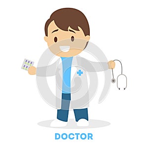 Little child playing as a doctor. Kid in white