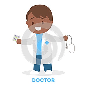 Little child playing as a doctor. Kid in white