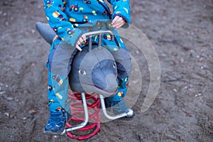 little child playing with toy dolphin in Regensburg, Germany