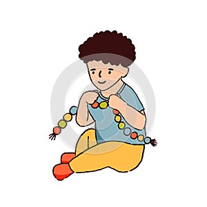 Little child playing with toy for motor skills development. Toddler sitting and holding beads plaything. Flat vector