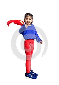 Little child plays superhero Girl power concept