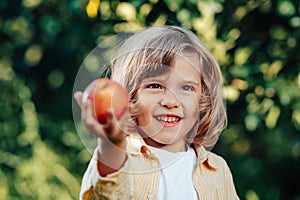 Little child proposing, gives apple to camera. Boy in orchard.Son in home garden