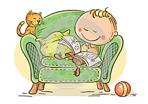 Little child reading a book in an arm-chair with his cat