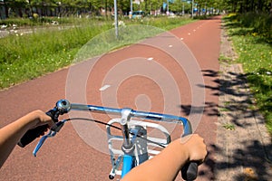 Little child riding a bicycle on bike path.