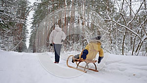 little child is sitting in sledge when his mother is pulling him over clear snow in forest