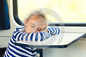 Little child sleeping in a train. Travel, traveling with small children. Cute boy is traveling on the train