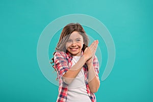 Little child smile excited with new idea stand over blue background. This is the point. Idea solution. Girl cute