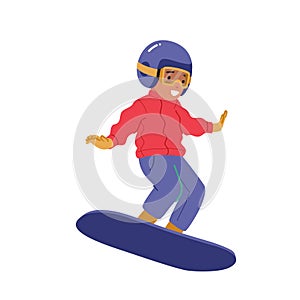 Little Child Snowboarder Character Jumping on Snowboard Isolated on White Background. Snowboarding Winter Sport Activity