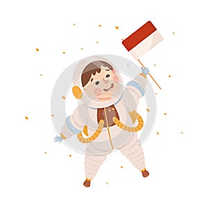 Little child in spacesuit with flag of Indonesia. Kids astronaut character flying in outer space cartoon vector