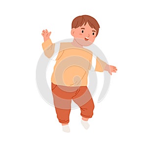 Little child start walking. Happy kid going. Smiling toddler running. Portrait of funny joyful boy. Glad son moving and photo