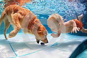 Little child swim underwater and play with dog