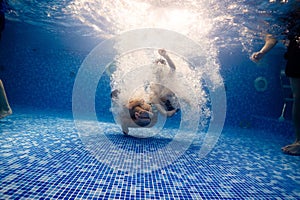 Little child swims underwater in swimming pool