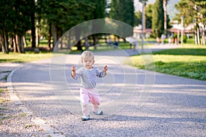 Little child walking along the path in the green park