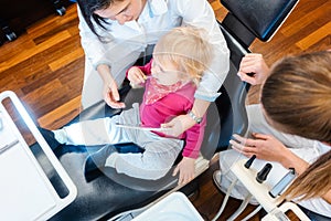 Little child watching in mirror being treated by the dentist