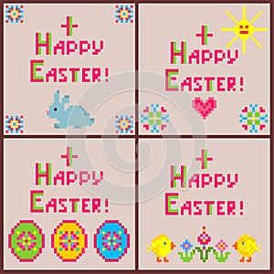 Little childish linen napkins collection with embroidery for Easter with colorful egg shapes, bunny, chicken, flowers, sun and hea