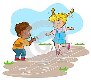 Little children, a boy and a girl, are jumping happily while playing hopscotch. Vector illustration in cartoon style